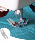 Two Pack Hump Jumper Sewing Tools Denim Foot For Quick Button Clearance And Thick Hemming Plastic Hemmer Foot in use