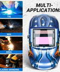 Auto Darkening Welding Helmet With True Color View Solar Powered Welder Mask Pro Grade Boss Level 3.62 By 1.65 Inch Viewing Window Fast 1/25000 Sec Shade Transition Compatible With MMA MIG TIG Blue Eagle Finish in vibrant design for multiple applications.