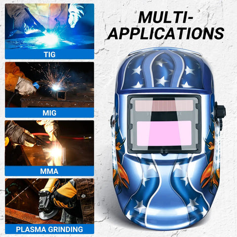 Auto Darkening Welding Helmet With True Color View Solar Powered Welder Mask Pro Grade Boss Level 3.62 By 1.65 Inch Viewing Window Fast 1/25000 Sec Shade Transition Compatible With MMA MIG TIG Blue Eagle Finish in vibrant design for multiple applications.