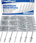 169 Piece Aluminum Blind Rivet Kit With 8 Sizes For Metal Projects And DIY Repairs, Pop Rivets Assortment Set For Workshop Including 3/32 In, 5/32 In, 5/16 In, 1/8 In, 1/4 In, 3/16 In, 3/8 In, 1/2 In YY010-169, displayed in organizer box