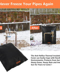 Backflow Preventer Cover Insulated Pouch Outdoor Pipe Insulation Cover Winter Freeze Protection Water Well Pump Cover Sprinkler Valve Cover Insulated Black 16W By 20H Weatherproof Thermal Padding For Frost And Snow shown installed on outdoor pipe.