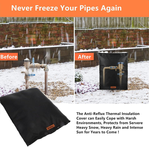 Backflow Preventer Cover Insulated Pouch Outdoor Pipe Insulation Cover Winter Freeze Protection Water Well Pump Cover Sprinkler Valve Cover Insulated Black 16W By 20H Weatherproof Thermal Padding For Frost And Snow shown installed on outdoor pipe.