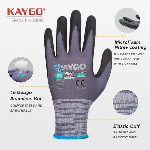 MicroFoam Nitrile Coated Safety Work Gloves With 3D Seamless Knit Nylon Grippy, large gray, showing brand and features