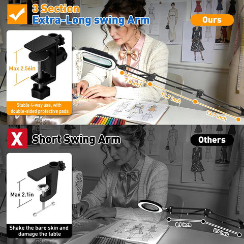 Comparison of 12X Ultra Long 3-Section Swing Arm Lighted Magnifying Glass With Stand and a short swing arm lamp.