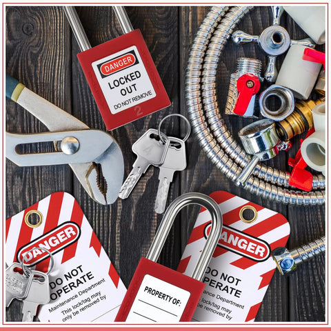 6 Set Lockout Tagout Locks Kit With 6 Red Padlocks, 2 Keys Per Lock And One Master Key, labeled danger tags, industrial tools