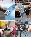 Collage of Adjustable Wrench Set 6 Inch 8 Inch 10 Inch in various uses on metal and bicycle, showcasing versatility and heavy duty.