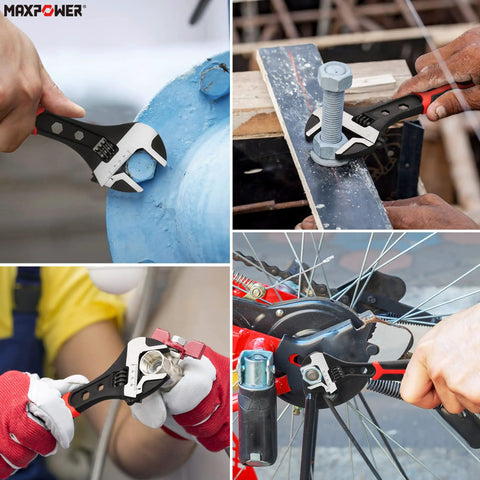 Collage of Adjustable Wrench Set 6 Inch 8 Inch 10 Inch in various uses on metal and bicycle, showcasing versatility and heavy duty.