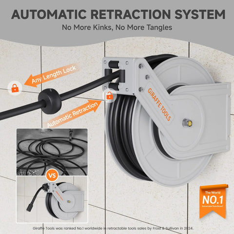 65Ft Pressure Washer Hose Reel Auto Retractable 3200 Psi wall-mounted reel with automatic retraction system in use