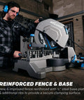 Pro Grade 14 Inch Cold Cut Miter Chop Saw with reinforced fence and base in a workshop setting.