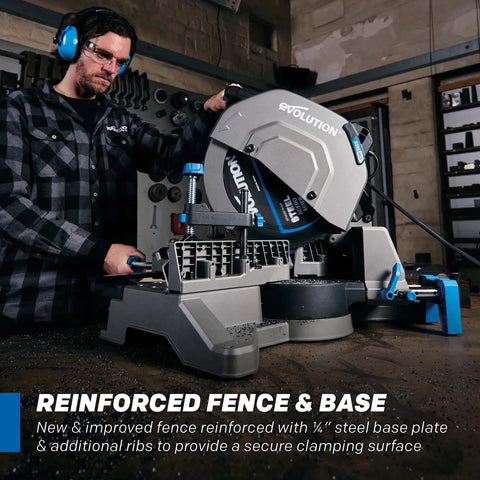 Pro Grade 14 Inch Cold Cut Miter Chop Saw with reinforced fence and base in a workshop setting.
