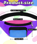 80s Neon Fanny Pack With Two Zipper Pockets Belt Bag For Women And Men showing size dimensions in purple style