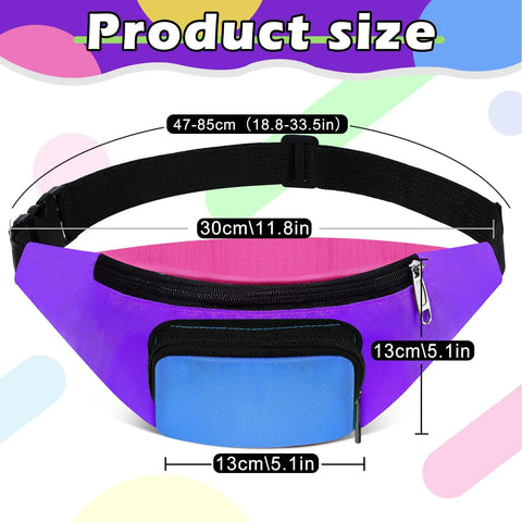 80s Neon Fanny Pack With Two Zipper Pockets Belt Bag For Women And Men showing size dimensions in purple style
