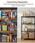 Heavy Duty 4 Tier Wire Shelving Unit Black Storage Rack For Garage Pantry Closet And Office Adjustable 1 Inch Increments Beefy Steel Wire Shelves Ideal For Home Organization And Display Built To Last, displaying stored food items and jars.