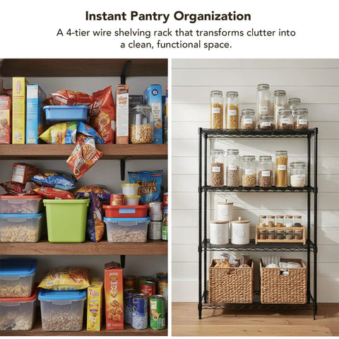 Heavy Duty 4 Tier Wire Shelving Unit Black Storage Rack For Garage Pantry Closet And Office Adjustable 1 Inch Increments Beefy Steel Wire Shelves Ideal For Home Organization And Display Built To Last, displaying stored food items and jars.