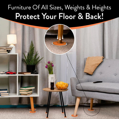 Living room with furniture on orange 8 Piece Heavy Furniture Sliders Set With Large And Small Pads For Moving Couches Sofas Beds And Appliances On Carpet Hardwood Or Tile Reusable Floor Protectors Orange.