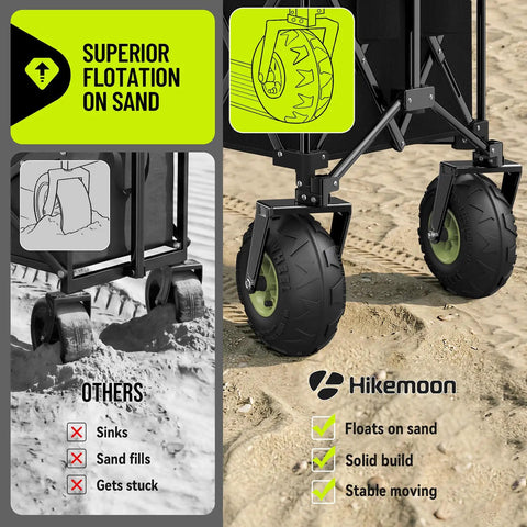 Massive 400L Collapsible Beach Wagon With 10 Inch Balloon Wheels For Sand highlighted on sandy terrain.