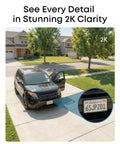 Four Camera Wireless Outdoor Security Kit with 360 Pan and Tilt Auto Tracking 2K solar powered camera focusing on vehicle plate