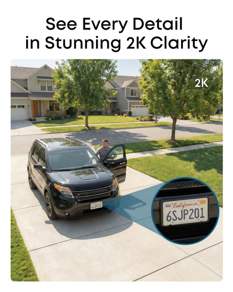 Four Camera Wireless Outdoor Security Kit with 360 Pan and Tilt Auto Tracking 2K solar powered camera focusing on vehicle plate