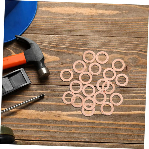 Must Have Go To 20 Piece Flat Copper Washer Kit For Automotive And Plumbing, High Precision Sealing Gaskets For Oil Drain Plug And Hydraulic Fittings, Copper Washers For Leak Free Performance And Quick Heat Dissipation on wooden table