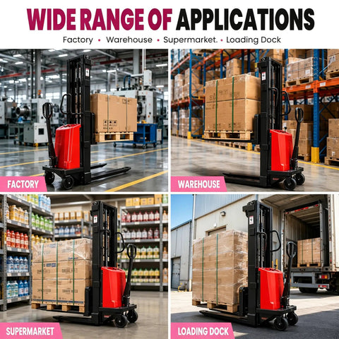 Heavy Duty Semi-Electric Pallet Stacker 3500 Lbs Capacity, 1.6Kw Motor Walkie Forklift in factory, warehouse, supermarket, loading dock.