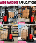 Heavy Duty 3500 Lb Electric Walkie Pallet Stacker With High Lift Height And Semi Electric Motor For Warehouse Use in factory and loading dock.