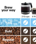 Two Way Programmable Drip Coffee Maker For Hot And Iced Brews With Single Serve Option Glass Carafe shown with coffee options