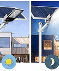 Built Different Solar Led Flood Light Featuring Dusk To Dawn Sensor And IP65 Weatherproof Housing shown in daylight and night operation.
