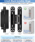 Image showing 6 Inch Black Invisible Door Hinge dimensions with 3 way adjustable and 180 degree swing labeled for proper installation.