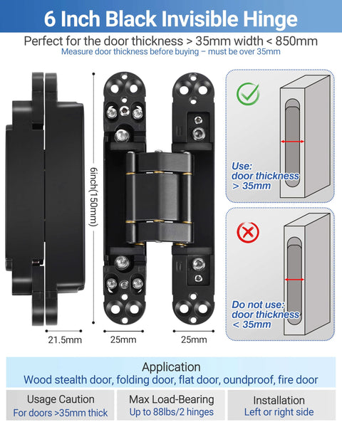 Image showing 6 Inch Black Invisible Door Hinge dimensions with 3 way adjustable and 180 degree swing labeled for proper installation.