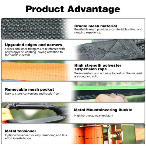 Triangle Camping Hammock Kit features cradle mesh, high strength polyester rope, and metal buckle for 800 lb capacity outdoor use.