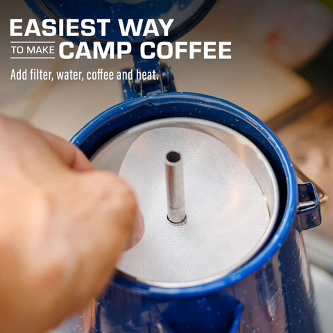 Inserting premium disc percolator coffee filter for campers and home brewers 3.75 inch mesh paper filters in blue coffee pot