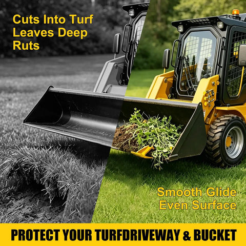 Heavy Duty Tractor Bucket Skids For Lawns And Driveway Surfaces Two Pack Bolt On Edge Guards with yellow wear plates in use.