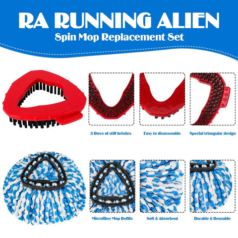 All-In-One Spin Mop Replacement Kit for RinseClean 2-Tank System With 16 Microfiber Refills, Scrubber Head, Triangle Base and Adjustable 31-63in Handle Built for EasyWring RinseClean Compatibility, red scrubber head and microfiber mop refill