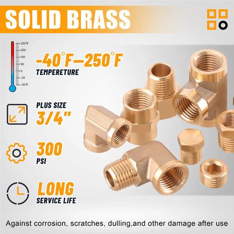 Front view of Ailbiuko brass pipe fittings assortment kit with NPT adapters, elbows, tees, reducers, plugs.