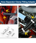 Solid Universal Hose Separator Clamp And AN12 Dual Line Fitting Adapter Built From Tough Aluminum Alloy Dope Tubing Hardware For Custom Car Rigs And Street Builds Complete 4 Piece Silver Set showcasing dual hose clamps and fittings in an engine bay.