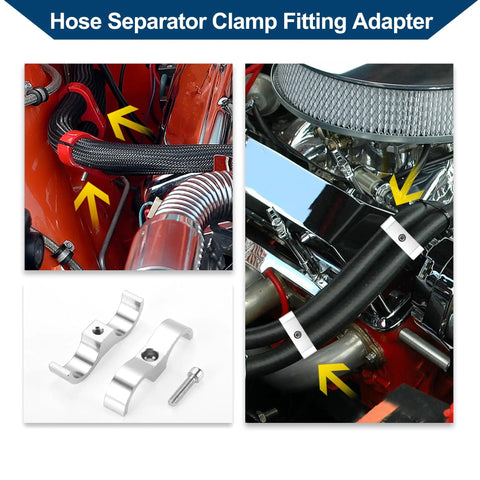 Solid Universal Hose Separator Clamp And AN12 Dual Line Fitting Adapter Built From Tough Aluminum Alloy Dope Tubing Hardware For Custom Car Rigs And Street Builds Complete 4 Piece Silver Set showcasing dual hose clamps and fittings in an engine bay.