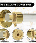 Close-up of brass wall mount with Lucite and brass towel bar, part of Lucite Open Bracket Towel Bar Wall Mount For Bathroom And Kitchen Dope Rust Resistant Brass With Clear Acrylic Modern Towel Rack Holder For Easy Access 18 x 2.1 x 2.1 Inches
