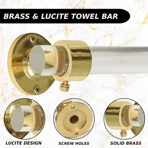 Close-up of brass wall mount with Lucite and brass towel bar, part of Lucite Open Bracket Towel Bar Wall Mount For Bathroom And Kitchen Dope Rust Resistant Brass With Clear Acrylic Modern Towel Rack Holder For Easy Access 18 x 2.1 x 2.1 Inches