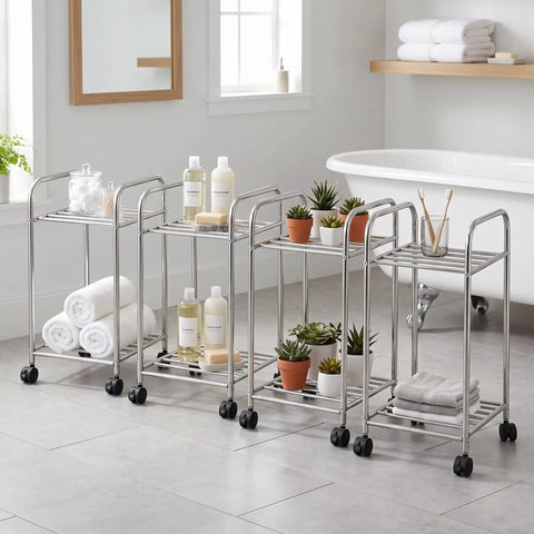 Metal Storage Rack On Wheels Floor Standing Movable Shelving Unit in bathroom setting with toiletries and plants