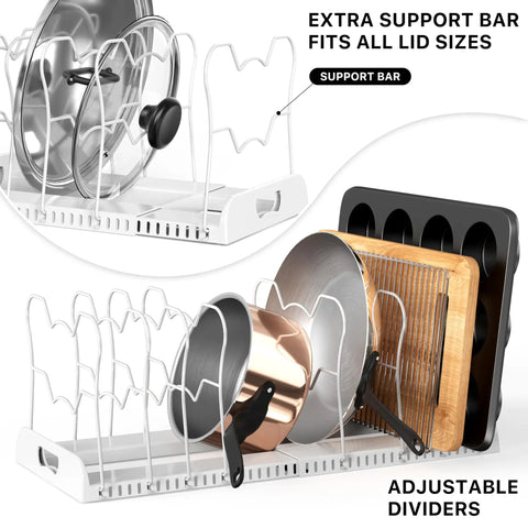 Built Tough Expandable Pan Rack With Ten Adjustable Compartments heavy duty kitchen pot organizer displaying lids and pans.