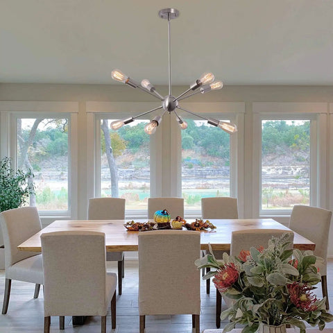 Dining room with 23.6 Inch Sputnik Chandelier With Brushed Nickel 8 Light Ceiling Fixture, adjustable height, modern decor.