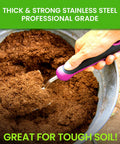 Go To Tool Ultra Strong Stainless Steel Garden Trowel Hand Shovel with ergonomic pink grip scooping soil in a container
