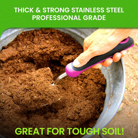 Go To Tool Ultra Strong Stainless Steel Garden Trowel Hand Shovel with ergonomic pink grip scooping soil in a container