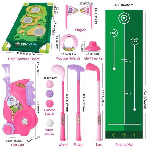 Toddler Golf Set For Boys And Girls Ages 2 3 4 With Upgraded Kids Golf Cart, Putting Mat, And Cornhole Board, Durable Safe Design
