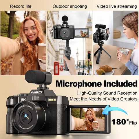 5K Vlogging Camera With 180 Degree Flip Screen And 16x Zoom, showcasing the external mic and flip screen capturing a woman's portrait.