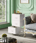 Three Drawer Fabric Storage Nightstand With Wood Top And Steel Frame Easy Pull Handles White Finish For Bedroom Hallway Entryway Closets Grab And Go Organization Unit Today placed next to a window.