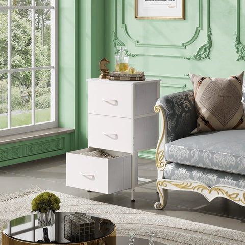 Three Drawer Fabric Storage Nightstand With Wood Top And Steel Frame Easy Pull Handles White Finish For Bedroom Hallway Entryway Closets Grab And Go Organization Unit Today placed next to a window.