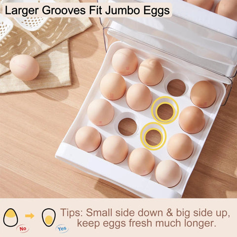 Large Capacity Egg Storage Box For Refrigerator With 2 Drawers, showing eggs stored in clear plastic for freshness