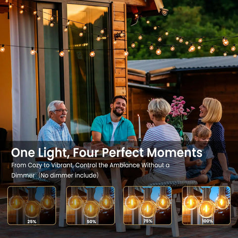 Family enjoying evening under Lit Outdoor Edison Style String Lights 200Ft With 102 Shatterproof ST38 LED Bulbs for deck ambiance