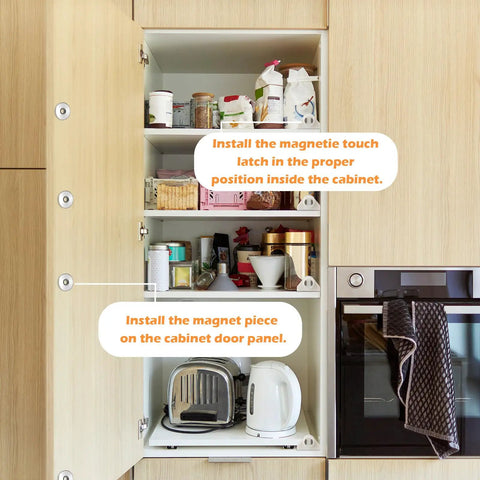 Installation of 10 Pack Magnetic Touch Latch Set For Push To Open Cabinet Doors, No Handle Required, inside a cabinet.